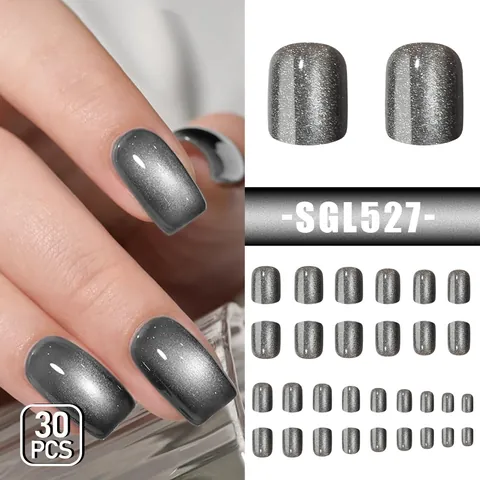 30 Pezzi Unghie Finte Occhio di Gatto Grigio Corte Squoval Scintillanti Magnetiche Riutilizzabili per Donna Decorazione Manicure Quotidiana