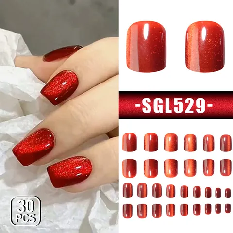 Red Cat Eye Press On Nails Short Square Round Glossy Shimmer Reusable Artificial Nails For Women Manicure Gift