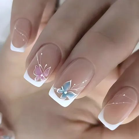 Unghie Finte con Punta Francese e Motivi a Farfalla Forma Quadrata in Plastica ABS Unghie Riutilizzabili per Donna Decorazione