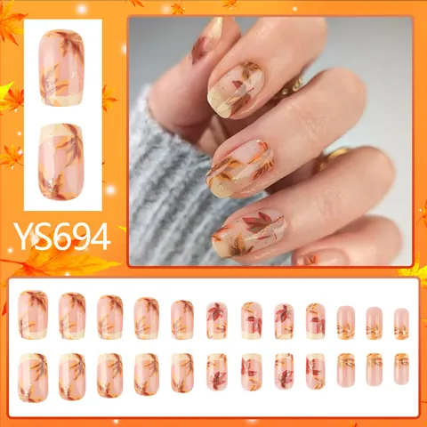 French Autumn Maple Leaf Press On Nails Short Square Glossy Fake Nails With Gold Glitter Design For Elegant Women