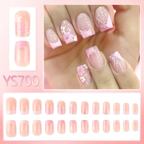 Unghie Finte Rosa e Bianche con Fiori Forma Quadrata Media Lucide Glitter Nail Art da Donna Manicure