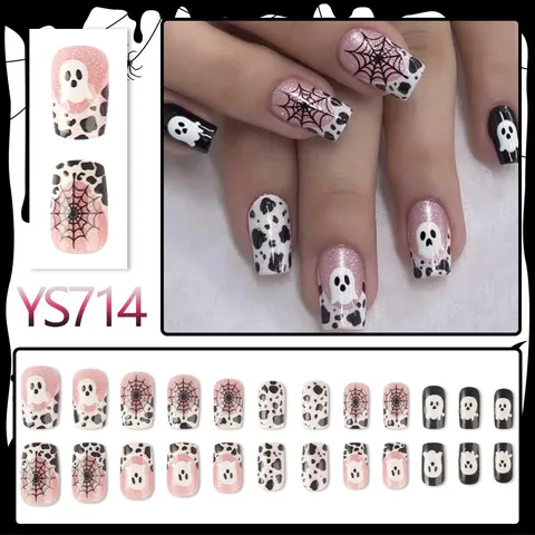 Unghie a Pressione Halloween Fantasma Ragnatela Stampa Mucca Rosa Glitter Quadrate Unghie Finte Per Donna Festa Manicure Decorazione