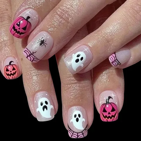 Halloween Kunstnagels Kort Vierkant Roze Pompoen Geest Spinnenweb Ontwerp Volledige Dekking Valse Nagels Voor Vrouwen Feest