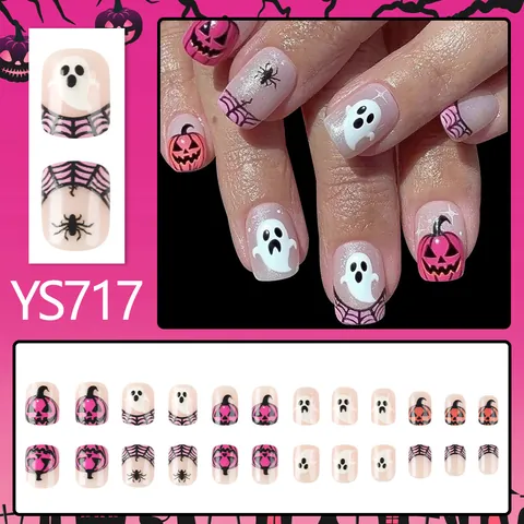 Halloween Kunstnagels Kort Vierkant Roze Pompoen Geest Spinnenweb Ontwerp Volledige Dekking Valse Nagels Voor Vrouwen Feest
