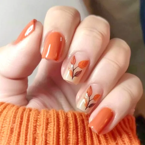 Autumn Maple Leaf Pattern Press On Nails Orange Glossy Square Round Fake Nails For Women Daily Fashion Manicure Set