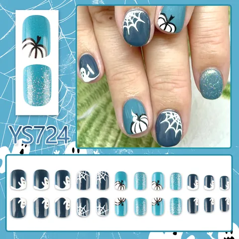 Short Square Halloween Press On Nails Blue Glitter Ghost Spider Web Pumpkin Pattern Glossy Fake Nails For Women Party