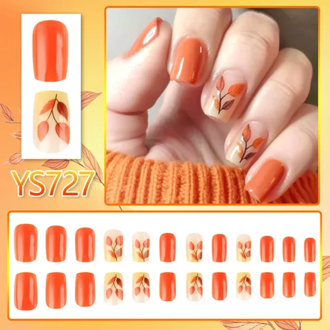 Autumn Maple Leaf Pattern Press On Nails Orange Glossy Square Round Fake Nails For Women Daily Fashion Manicure Set