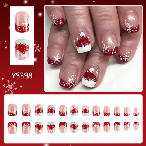 Kort Vierkant Kerstmis Press On Nagels Kerstman Sneeuwvlokken Rood Wit Glanzend Kunstnagels Voor Dames Feest Manicure Set
