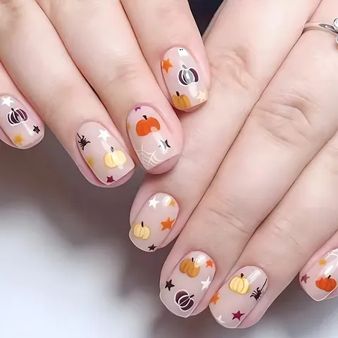 Halloween Künstliche Nägel Zum Aufdrücken Kürbis Spinnennetz Stern Muster Quadratische Falsche Nägel Für Damen Party DIY Maniküre
