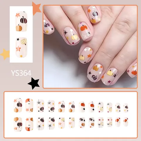 Halloween Künstliche Nägel Zum Aufdrücken Kürbis Spinnennetz Stern Muster Quadratische Falsche Nägel Für Damen Party DIY Maniküre