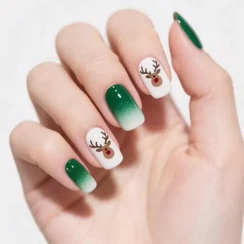 Unghie Finte di Natale a Pressione Verde Sfumato Design Renna Unghie Quadrate Stile Dolce Manicure per Donna Decorazione Festiva