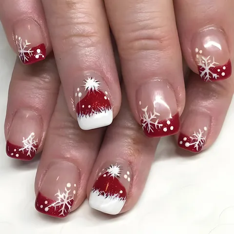 Kort Vierkant Kerstmis Press On Nagels Kerstman Sneeuwvlokken Rood Wit Glanzend Kunstnagels Voor Dames Feest Manicure Set