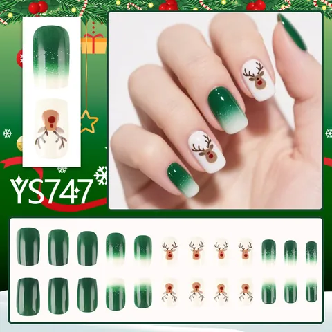 Unghie Finte di Natale a Pressione Verde Sfumato Design Renna Unghie Quadrate Stile Dolce Manicure per Donna Decorazione Festiva
