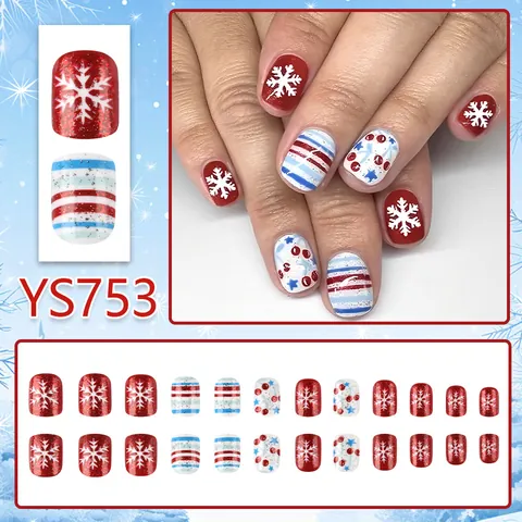 Faux Ongles à Presser Carrés Courts de Noël Rouge Bleu Flocon de Neige Paillettes Ongles Acryliques Brillants Femme