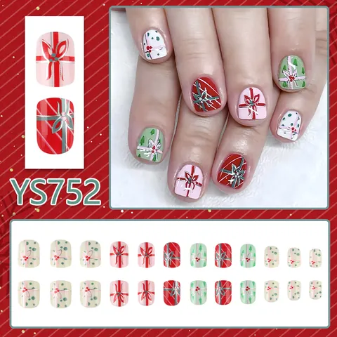 Faux Ongles à Presser avec Nœud de Noël Court Carré Rouge Vert Rose Blanc Douce Design de Boîte Cadeau Manucure Femmes