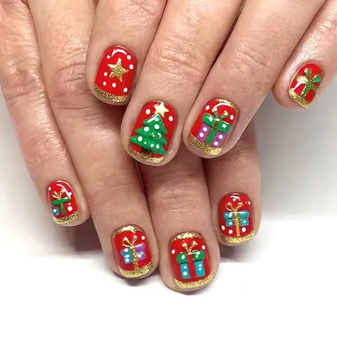 Faux Ongles De Noël Courts Carrés Rouges Avec Design Sapin De Noël 3D Étoile Boîte Cadeau Ongles Artificiels Réutilisables Pour Femmes Manucure De Fête