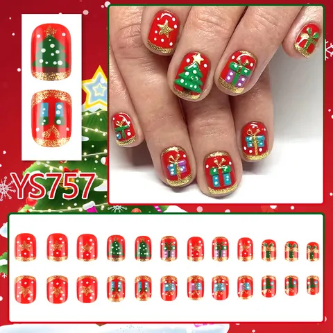 Faux Ongles De Noël Courts Carrés Rouges Avec Design Sapin De Noël 3D Étoile Boîte Cadeau Ongles Artificiels Réutilisables Pour Femmes Manucure De Fête