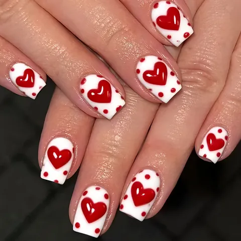 Unghie Finte Press On con Motivo a Cuore Rosso Quadrate Lucide San Valentino Dolce Pois Manicure per Donna Gioielli