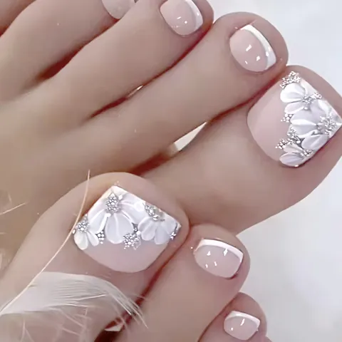 Unghie Finte Piedi Francesi Camelia Rosa Glitter Argento Lucido Eleganti Unghie Postizie a Forma di Fiore per Decorazione Manicure Donna