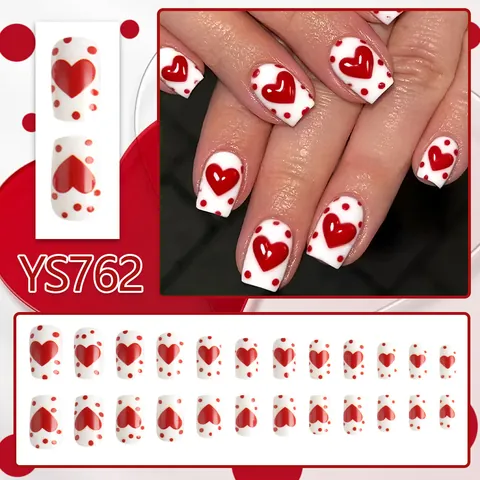 Unghie Finte Press On con Motivo a Cuore Rosso Quadrate Lucide San Valentino Dolce Pois Manicure per Donna Gioielli