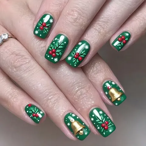 Unghie Finte a Pressione Verde Scuro Natale Rilievo 3D Campana Oro Bacca Rossa Fiocco di Neve Quadrata Unghie Riutilizzabili Donna