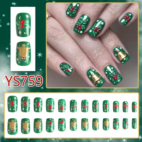 Unghie Finte a Pressione Verde Scuro Natale Rilievo 3D Campana Oro Bacca Rossa Fiocco di Neve Quadrata Unghie Riutilizzabili Donna