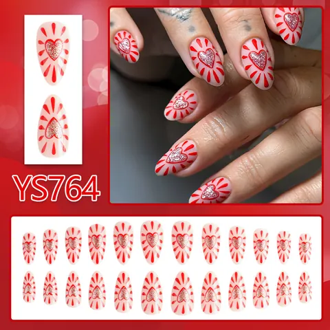Red Heart Press On Nails Long Almond Water Drop Radiant Lines Silver Glitter Artificial Nails For Women Valentine Manicure