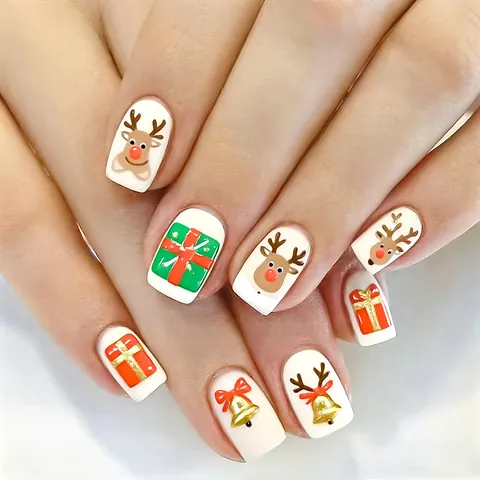 Weihnachten Rentier Elch Kunstnägel Zum Aufkleben Kurz Quadratisch Falsche Nägel ABS Material Festliche Nail Art Damen