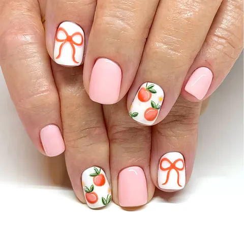 Dolce Rosa Bianco Unghie Finte Corte Quadrate Design Pesca Fiocco Carino Riutilizzabile Per Donna Manicure DIY