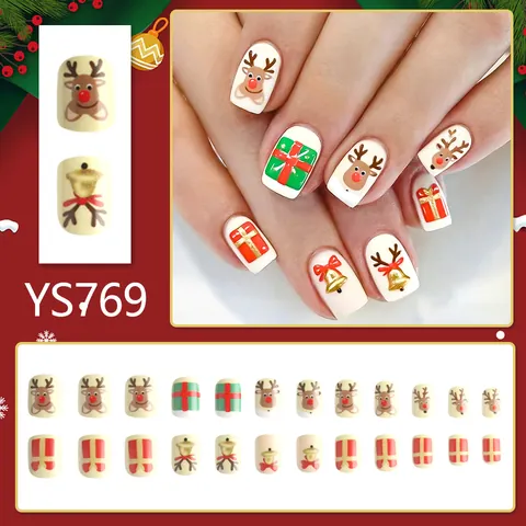 Weihnachten Rentier Elch Kunstnägel Zum Aufkleben Kurz Quadratisch Falsche Nägel ABS Material Festliche Nail Art Damen