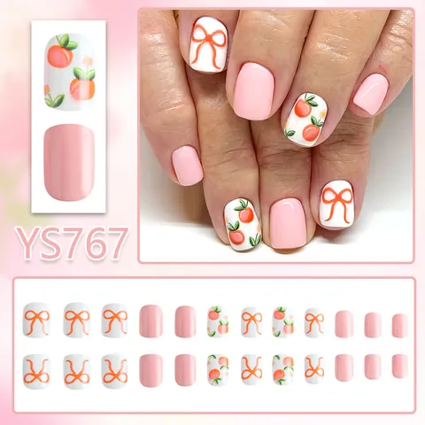 Dolce Rosa Bianco Unghie Finte Corte Quadrate Design Pesca Fiocco Carino Riutilizzabile Per Donna Manicure DIY