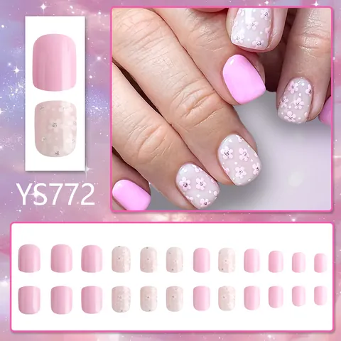 Glossy Pink Floral Short Square Press On Nails With Sweet Polka Dots Reusable Acrylic Nails For Women Valentine's Day