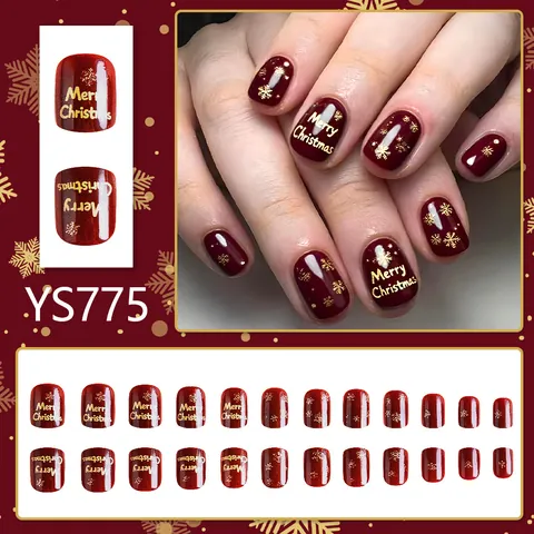 Uñas Postizas de Navidad Rojo Vino Copos de Nieve Oro Saludos Vacaciones Cuadrado Corto Decoración Manicura