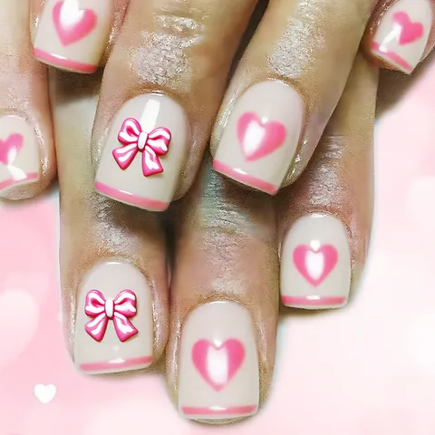Unghie Finte French Nude Pink Con Fiocco Tridimensionale Dolce E Motivo A Cuore Unghie Artificiali Quadrate Corte Lucide Per Donna Manicure Di San Valentino