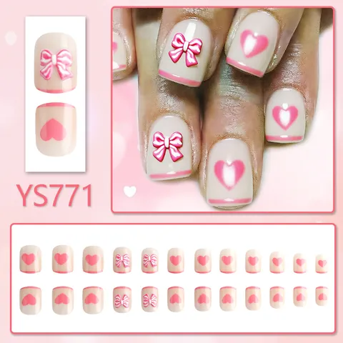 Unghie Finte French Nude Pink Con Fiocco Tridimensionale Dolce E Motivo A Cuore Unghie Artificiali Quadrate Corte Lucide Per Donna Manicure Di San Valentino