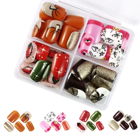 96 Pezzi Unghie Finte da Applicare Halloween Quadrato Corto Con Design a Zucca Stella Glitter Cuore per Donna Manicure DIY