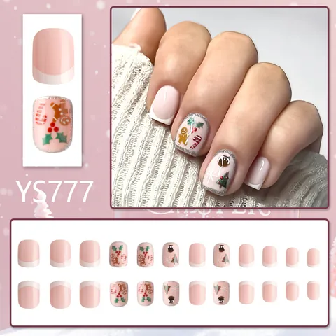 Uñas Postizas de Navidad Rosa French Tip Cortas Cuadradas Uñas Postizas Hombre de Jengibre Árbol Copo de Nieve Mujer