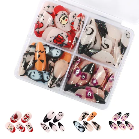 Halloween Künstliche Fingernägel Stiletto Mandelform Totenkopf Kürbis Geist Spinnennetz Herz Muster Dekoration Damen