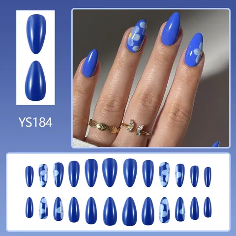 Unghie Finte Blu Lucide con Fiori Forma a Mandorla Unghie Artificiali per Donna Stile Semplice Dolce Manicure alla Moda