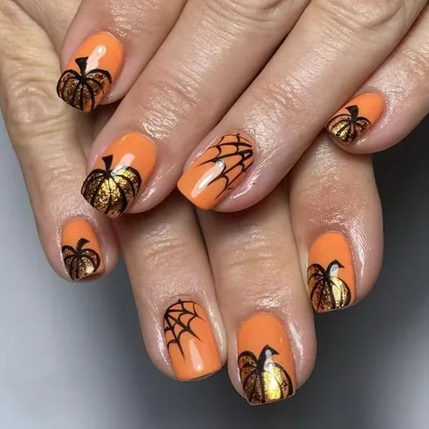Halloween Nagel-Tips Orange Schwarz Kürbis Spinnennetz Kurz Eckig Glänzend Falsche Nägel Mit Goldglitzer Für Damen Party