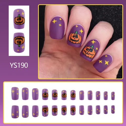Halloween Matte Purple Press On Nails Cute Pumpkin Star Printed Short Square Fake Nails For Women Girls Festive Nail Art