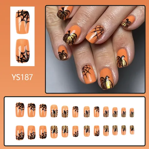 Halloween Nagel-Tips Orange Schwarz Kürbis Spinnennetz Kurz Eckig Glänzend Falsche Nägel Mit Goldglitzer Für Damen Party