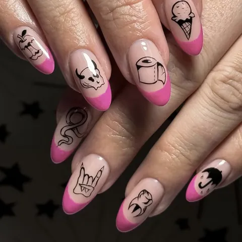Unghie Finte Halloween French Rosa Gotico Graffiti Neri Teschio Serpente Forma Mandorla Unghie Artificiali Donna