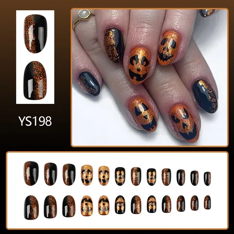 Unghie Finte a Pressione Zucca di Halloween Corte Tonde Arancioni Nere Glitterate Unghie Finte per Donna Festa