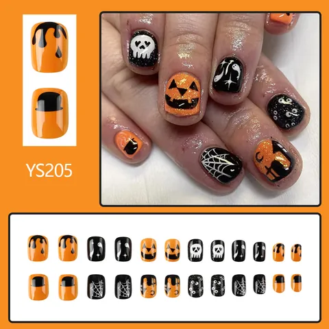 Unghie Finte Halloween a Forma di Zucca e Fantasma Corte Quadrate Glitterate Motivo Ragnatela e Teschio per Donna Nail Art