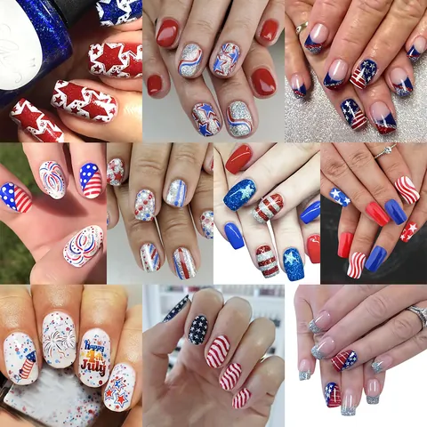 Kurze Glänzende USA Unabhängigkeitstag Künstliche Fingernägel Amerikanische Flagge Sterne Streifen Glitzer Damen Party