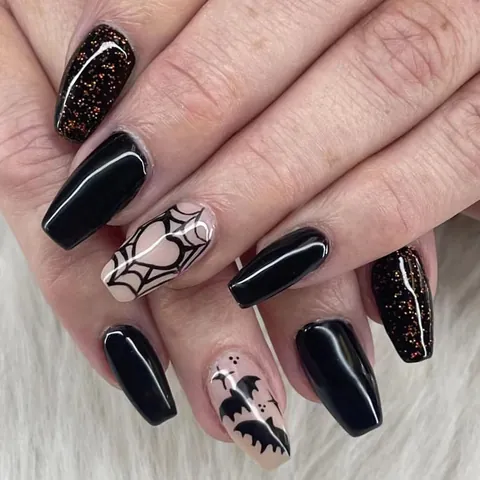 Halloween Unghie Finte a Pressione Forma Bara Lunga Nero Rosa Motivo Ragnatela Pipistrello Glitter Lucido Gotico Oscuro Donna