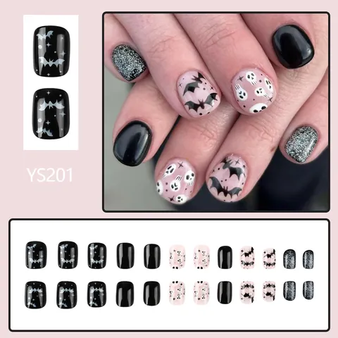 Halloween Kurze Quadratische Aufpressnägel Glänzend Schwarz Rosa Fledermaus Totenkopf Muster Glitzer Künstliche Nägel Für Damen