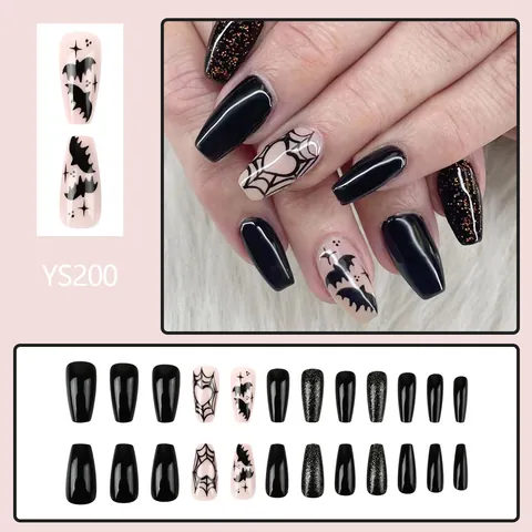 Halloween Unghie Finte a Pressione Forma Bara Lunga Nero Rosa Motivo Ragnatela Pipistrello Glitter Lucido Gotico Oscuro Donna