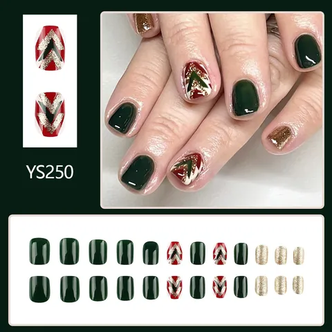 Uñas Postizas de Navidad Cortas Cuadradas Verde Oscuro Brillantes Con Purpurina Dorada Patrón Árbol para Mujer Manicura de Fiesta Festiva